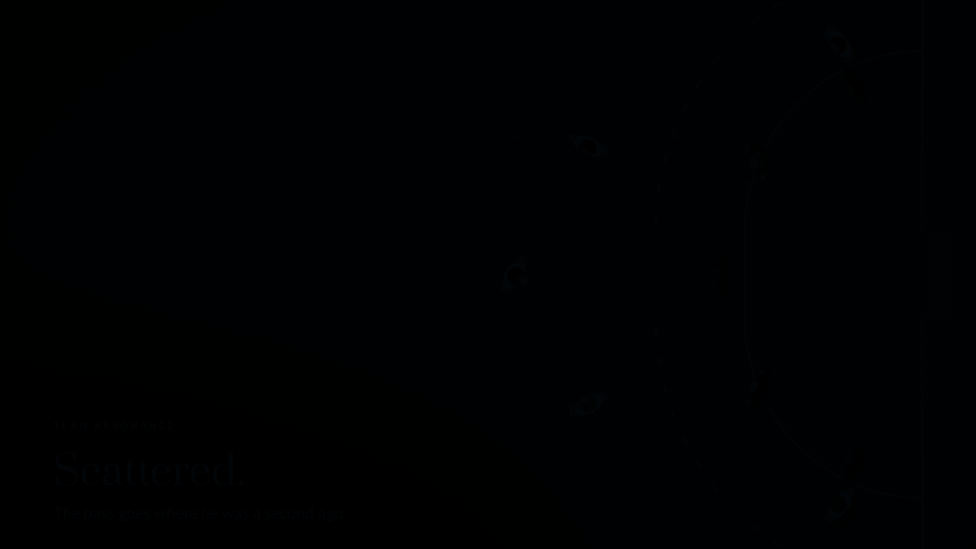 Animation: five players on court go from scattered to connected to resonating, ending in a coordinated move and a goal.